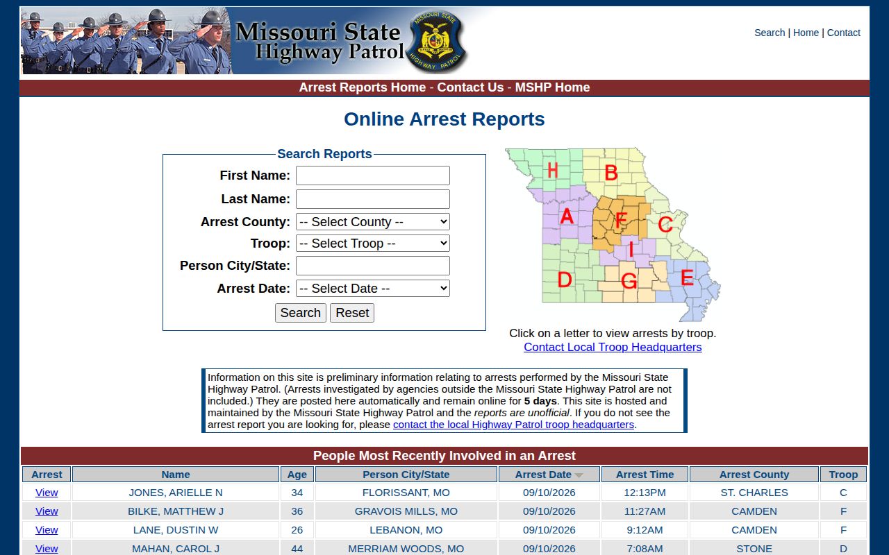 Cole County arrest log search in the MSHP five-day report system