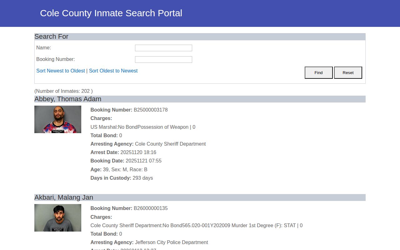 Cole County inmate search controls