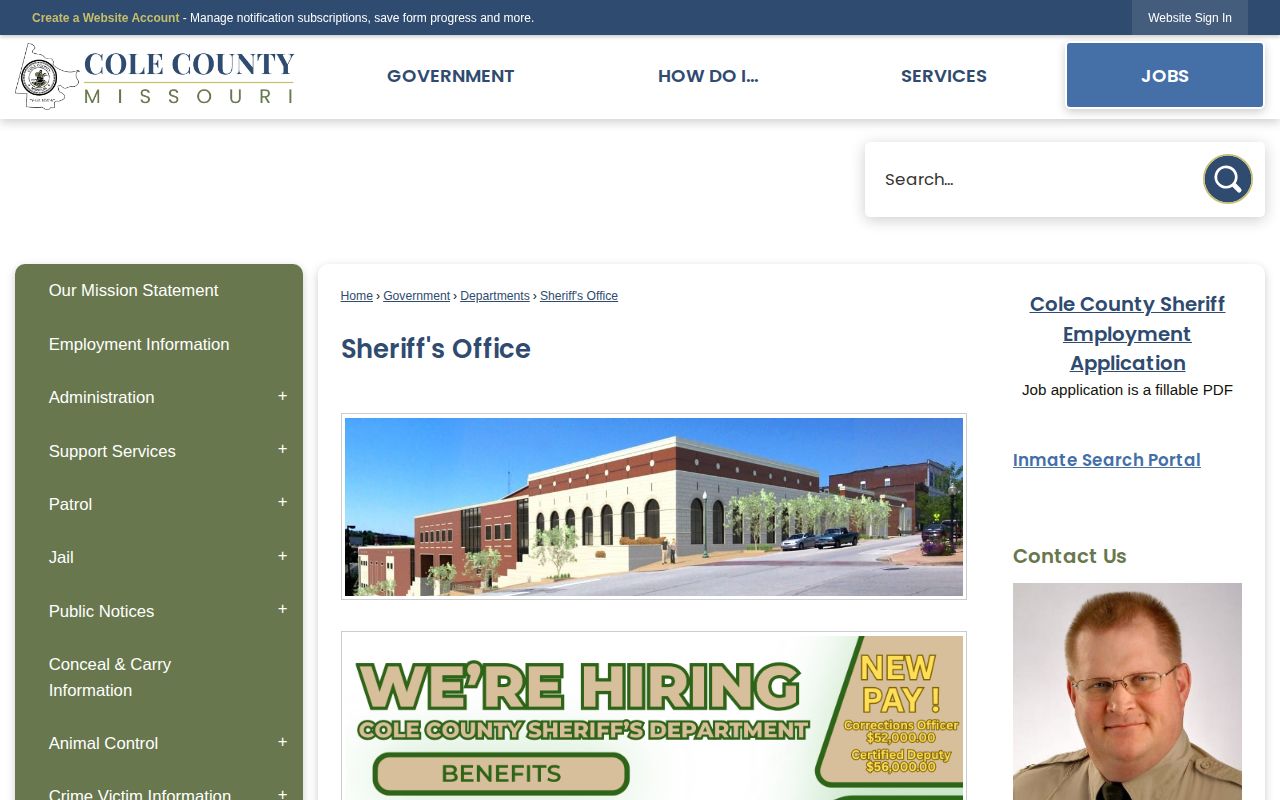 Cole County Sheriff and Jail page with inmate search information