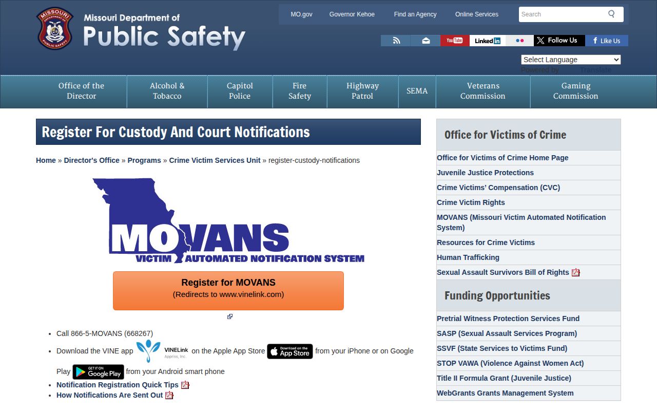Missouri DPS instructions for Cole County custody notification registration