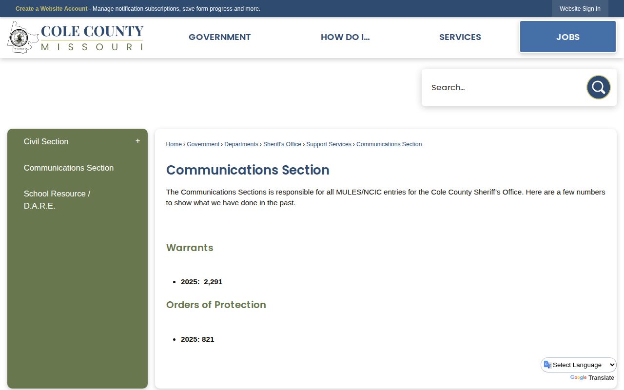 Cole County Communications warrant duties