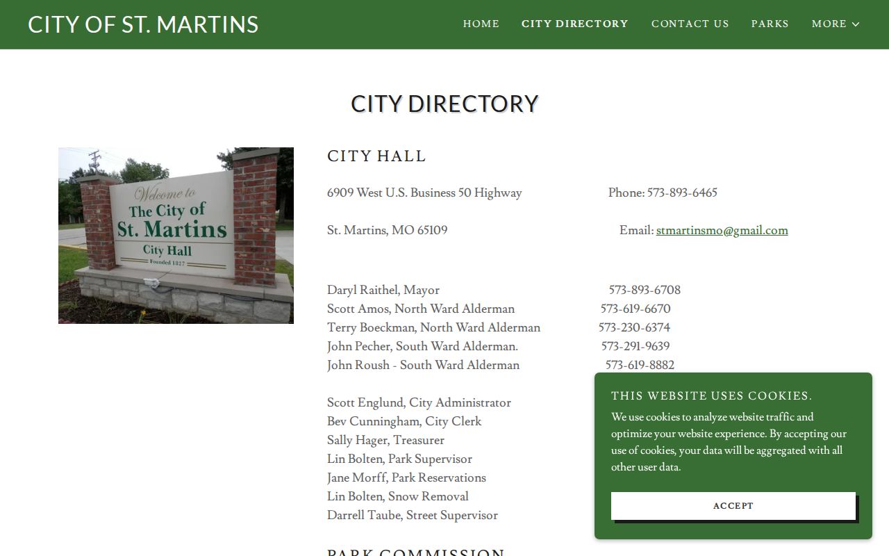 St. Martins city directory showing municipal contacts and no local arrest feed
